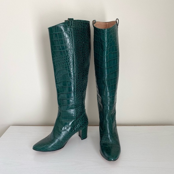 VERONICA BEARD Abella Green Croc Embossed Leather Knee High Heeled Boots 6 - Picture 6 of 11